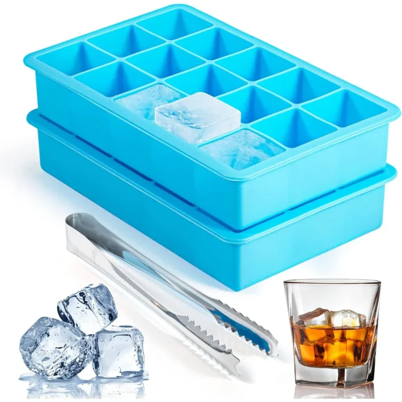 2 Pack Ice Cube Trays, Silicone Easy Release Flexible Molds 15 Ice Cubes Tray for Freezer, Cocktail, Whiskey, Reusable & BPA Free