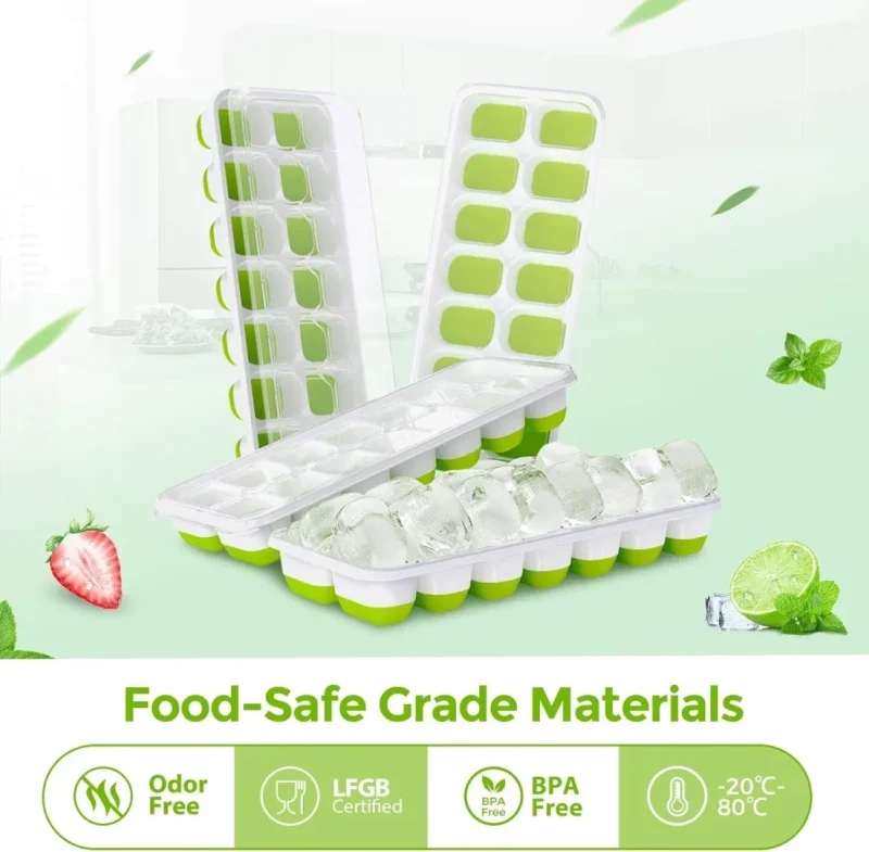Ice Cube Trays 4 Pack, 56 pcs Silicone Ice Cubes Tray Maker with Spill-Resistant Removable Lid, Easy Release & Pop out, LFGB and BPA Free, Stackable Flexible, for Soup. Food, Cocktail, Coffee