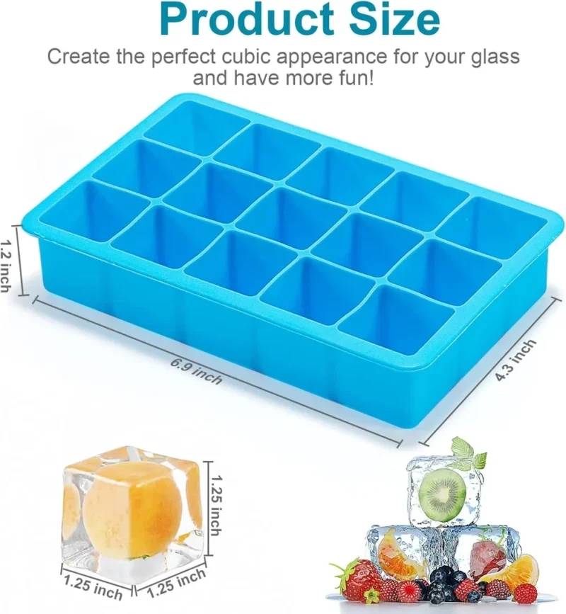 2 Pack Ice Cube Trays, Silicone Easy Release Flexible Molds 15 Ice Cubes Tray for Freezer, Cocktail, Whiskey, Reusable & BPA Free