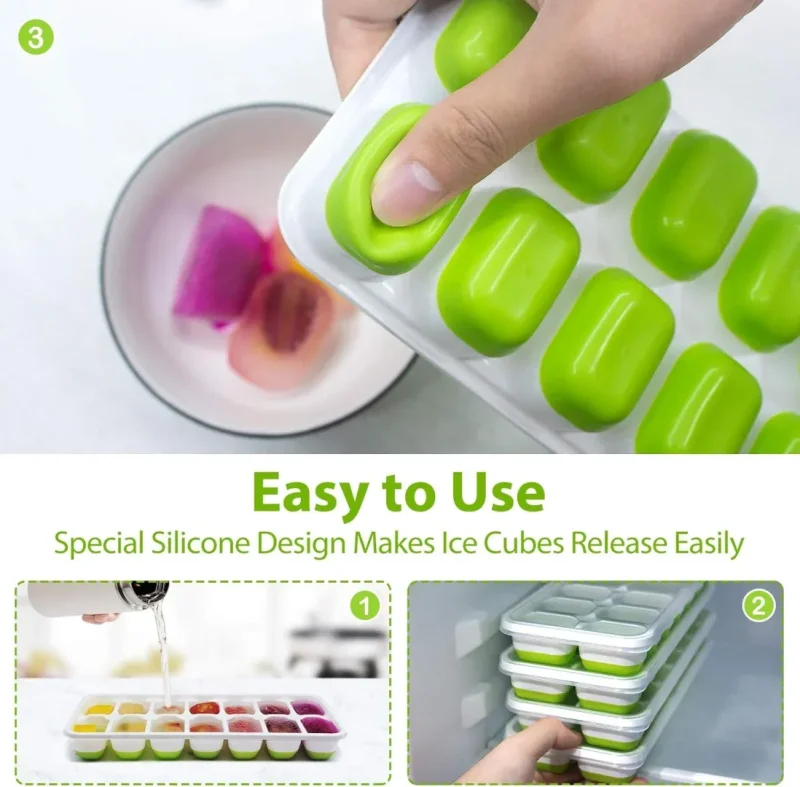 Ice Cube Trays 4 Pack, 56 pcs Silicone Ice Cubes Tray Maker with Spill-Resistant Removable Lid, Easy Release & Pop out, LFGB and BPA Free, Stackable Flexible, for Soup. Food, Cocktail, Coffee