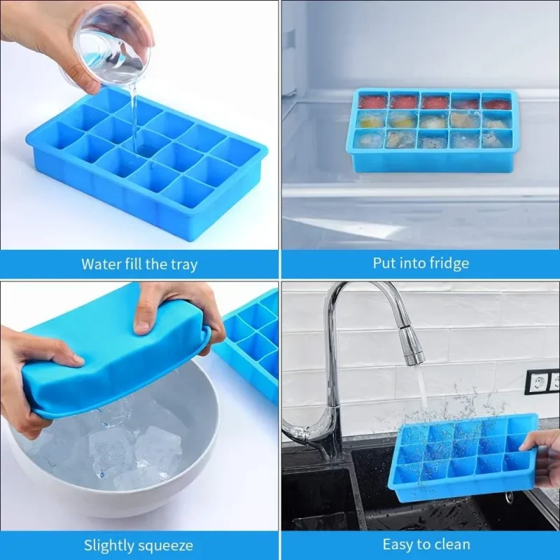 2 Pack Ice Cube Trays, Silicone Easy Release Flexible Molds 15 Ice Cubes Tray for Freezer, Cocktail, Whiskey, Reusable & BPA Free