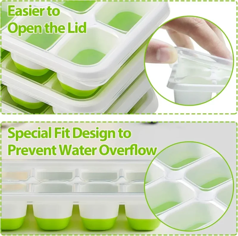 Ice Cube Trays 4 Pack, 56 pcs Silicone Ice Cubes Tray Maker with Spill-Resistant Removable Lid, Easy Release & Pop out, LFGB and BPA Free, Stackable Flexible, for Soup. Food, Cocktail, Coffee