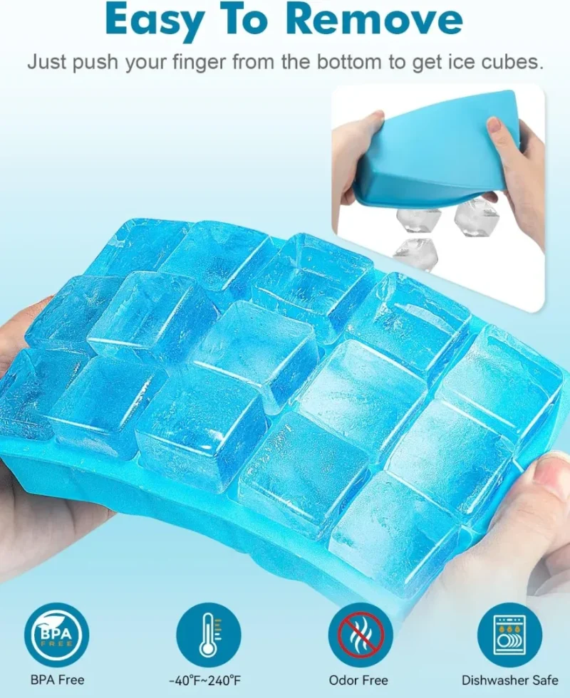 2 Pack Ice Cube Trays, Silicone Easy Release Flexible Molds 15 Ice Cubes Tray for Freezer, Cocktail, Whiskey, Reusable & BPA Free