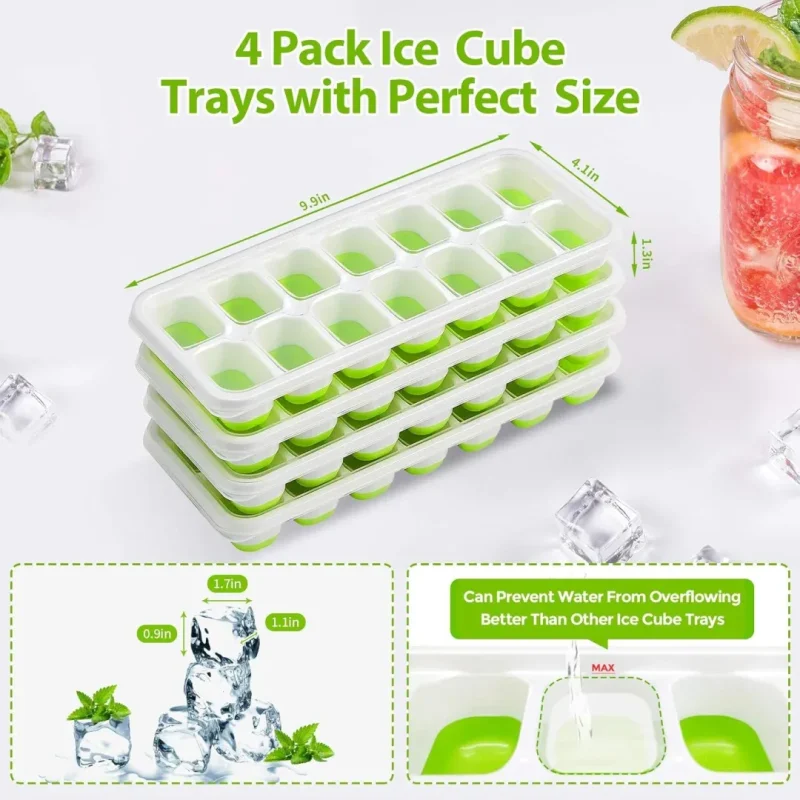 Ice Cube Trays 4 Pack, 56 pcs Silicone Ice Cubes Tray Maker with Spill-Resistant Removable Lid, Easy Release & Pop out, LFGB and BPA Free, Stackable Flexible, for Soup. Food, Cocktail, Coffee