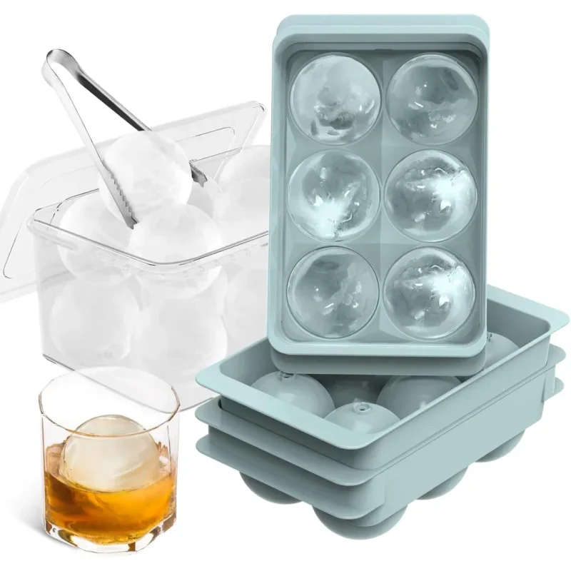 Large Ice Cube Molds, Big Round Whiskey Ice Cube Trays for Freezer, Easy to Fill & Release, Whiskey Bourbon Cocktail(1.9In*6 Balls- Blue/2 Pack)