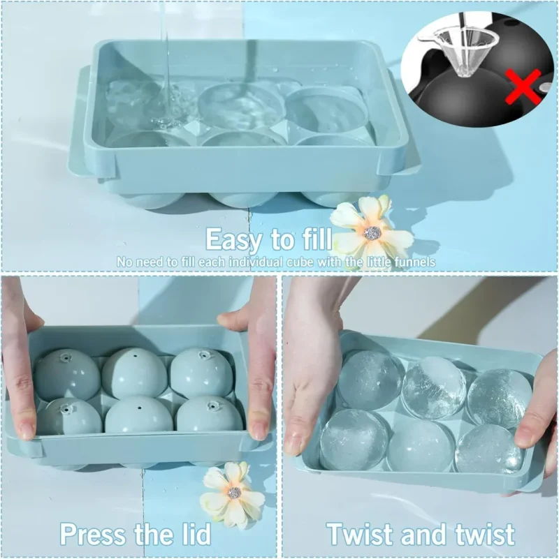 Large Ice Cube Molds, Big Round Whiskey Ice Cube Trays for Freezer, Easy to Fill & Release, Whiskey Bourbon Cocktail(1.9In*6 Balls- Blue/2 Pack)