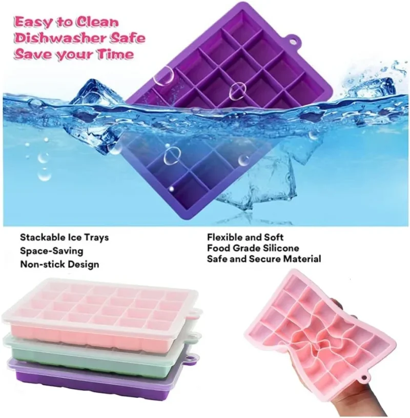 Ice Cube Tray, 3 Pack Silicone Ice Cube Molds, Easier to Release, BPA Free for Alcohol/Coffee/Beverages (Pink, Light blue, Purple)
