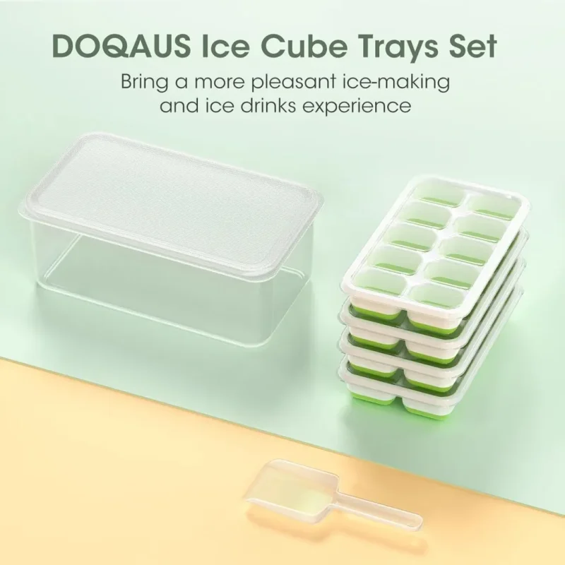 Ice Cube Trays Set of 2, Easy Release 15 Flexible Silicone Ice Cube Molds with Removable Lid Reusable Freezer Ice Trays Stackable for Whiskey, Baby Food, BPA Free (BAMBOO GREEN)