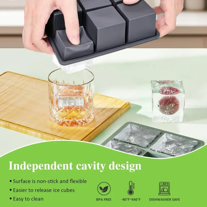 Large Ice Cube Tray for Whiskey: 2inch Big Silicone Ice Trays for Whisky - 3Pack Old Fashioned Ice Cube Trays for Cocktail - Huge Square Cubed Bourbon Ice Cube Maker