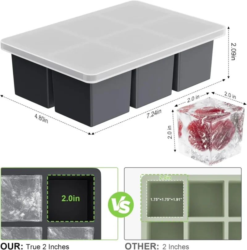 Large Ice Cube Tray for Whiskey: 2inch Big Silicone Ice Trays for Whisky - 3Pack Old Fashioned Ice Cube Trays for Cocktail - Huge Square Cubed Bourbon Ice Cube Maker