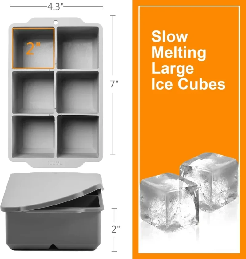 Large Ice Cube Tray with Lid, Stackable Big Silicone Square Ice Cube Mold for Whiskey Cocktails Bourbon Soups Frozen Treats, Easy Release BPA Free