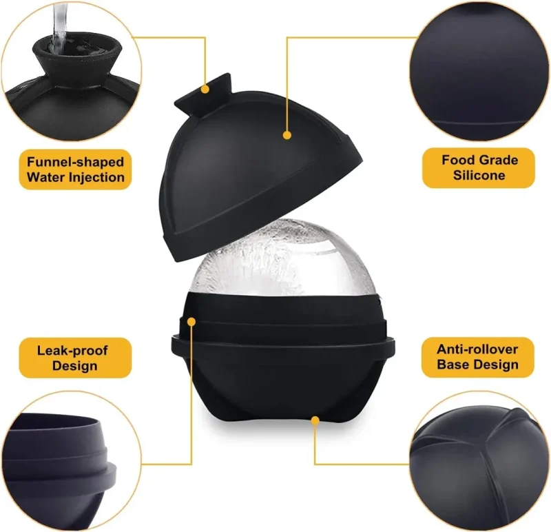 Ice Ball Molds Set of 4,Whiskey Ice Ball Maker Mold,Silicone Sphere Ice Molds with Built-in Funnel,Large Round Ice Cube Molds Make 2.5 Inch Sphere Ice for Whiskey & Cocktails
